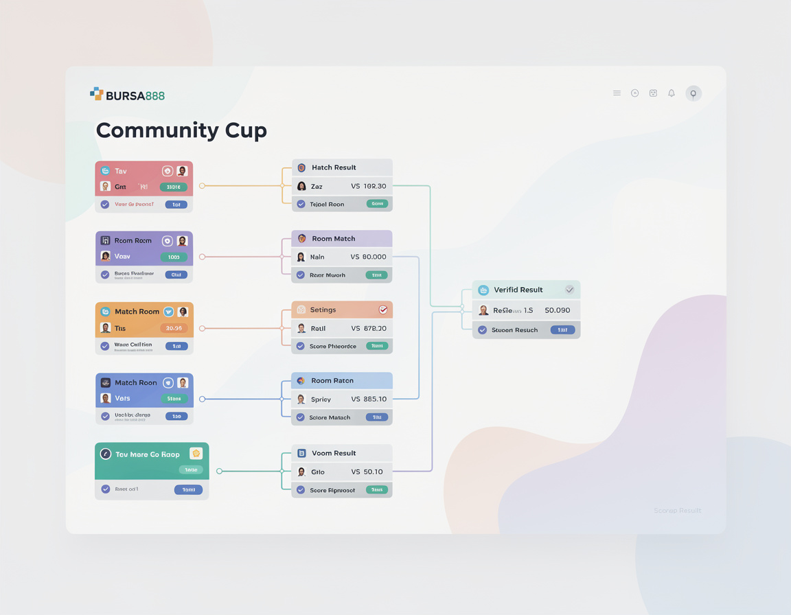 Ilustrasi community cup calendar BURSA888 dengan bracket, room match, dan bukti skor