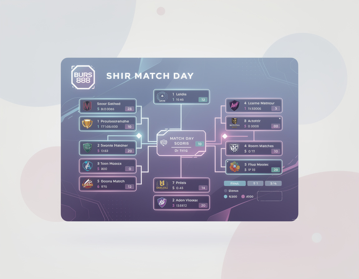 Ilustrasi match day announcement BURSA888 dengan bracket, room match, dan bukti skor